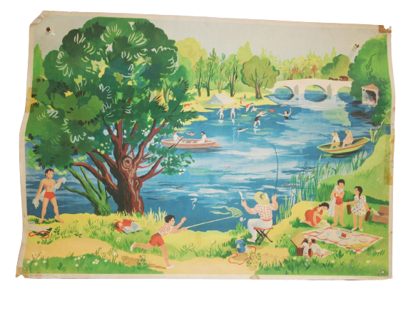 Affiche Carte Scolaire Lithographie images de la vie 2 la pêche pique nique