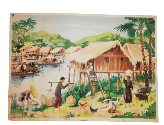 Affiche Carte Scolaire Lithographie images de la vie 25 un village d'Indochine