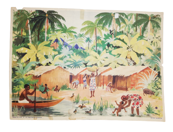 Affiche Carte Scolaire Lithographie images de la vie 23 un village d'Afrique équatoriale