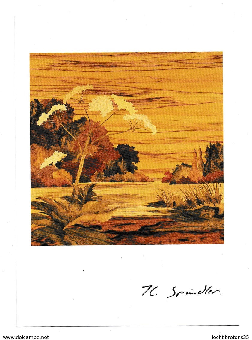 Rare dédicace JEAN CHARLES SPINDLER carte de voeux nouvel an 2002 esquisse marqueterie art bois naturels tableau oeuvre