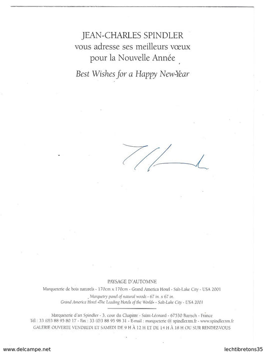 Carte postale - Rare dédicace JEAN CHARLES SPINDLER carte de voeux nouvel an 2002 esquisse marqueterie art bois naturels tableau oeuvre