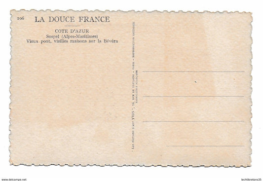 Carte postale - très rare non circulé cote d'azur sospel vieux pont vieilles maisons bévéra la douce France texte Jéhovah bible art Yvon