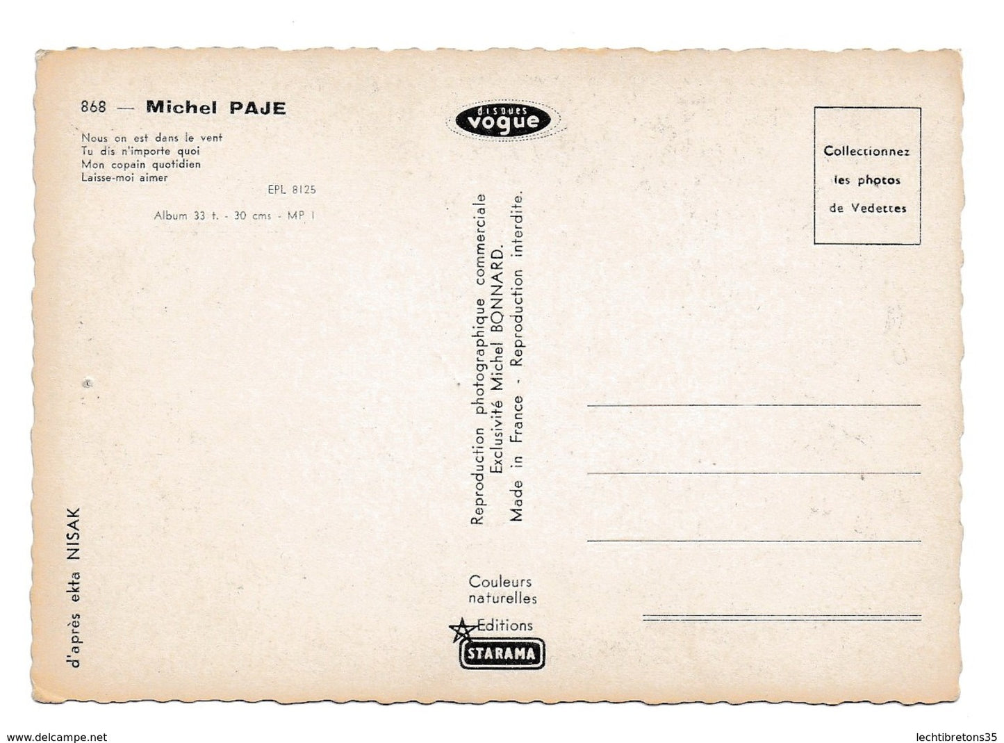 Carte postale - CPA PHOTO AUTOGRAPHE DÉDICACE DISQUES vogue 868 MICHEL PAJE EPL 8125 NISAK STARAMA