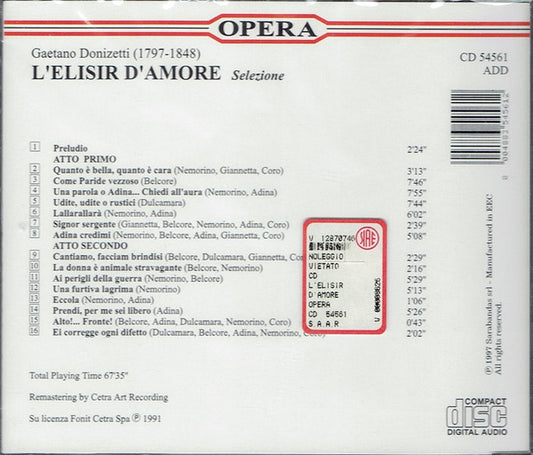 Cd Gaetano Donizetti, Orchestra Sinfonica Di Roma Della RAI, Coro di Roma della RAI, Gianandrea Gavazzeni – L'Elisir D'Amore (Selezione)