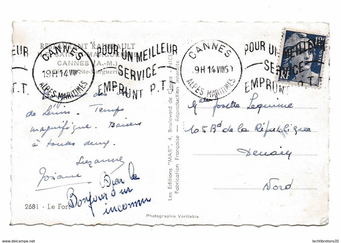 Carte postale - Restaurant Raimbault 2681 ÎLE STE MARGUERITE FORT SAINTE cannes