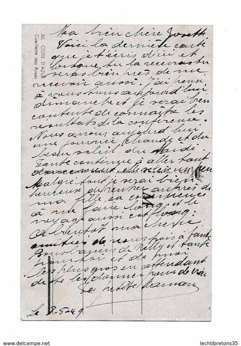 Carte postale - 65 cote d'azur cueillette de roses 1949