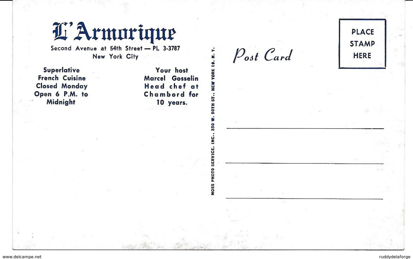 Carte postale - L'ARMORIQUE restaurant français breton au USA Marcel GOSSELIN