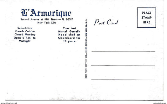 Carte postale - L'ARMORIQUE restaurant français breton au USA Marcel GOSSELIN