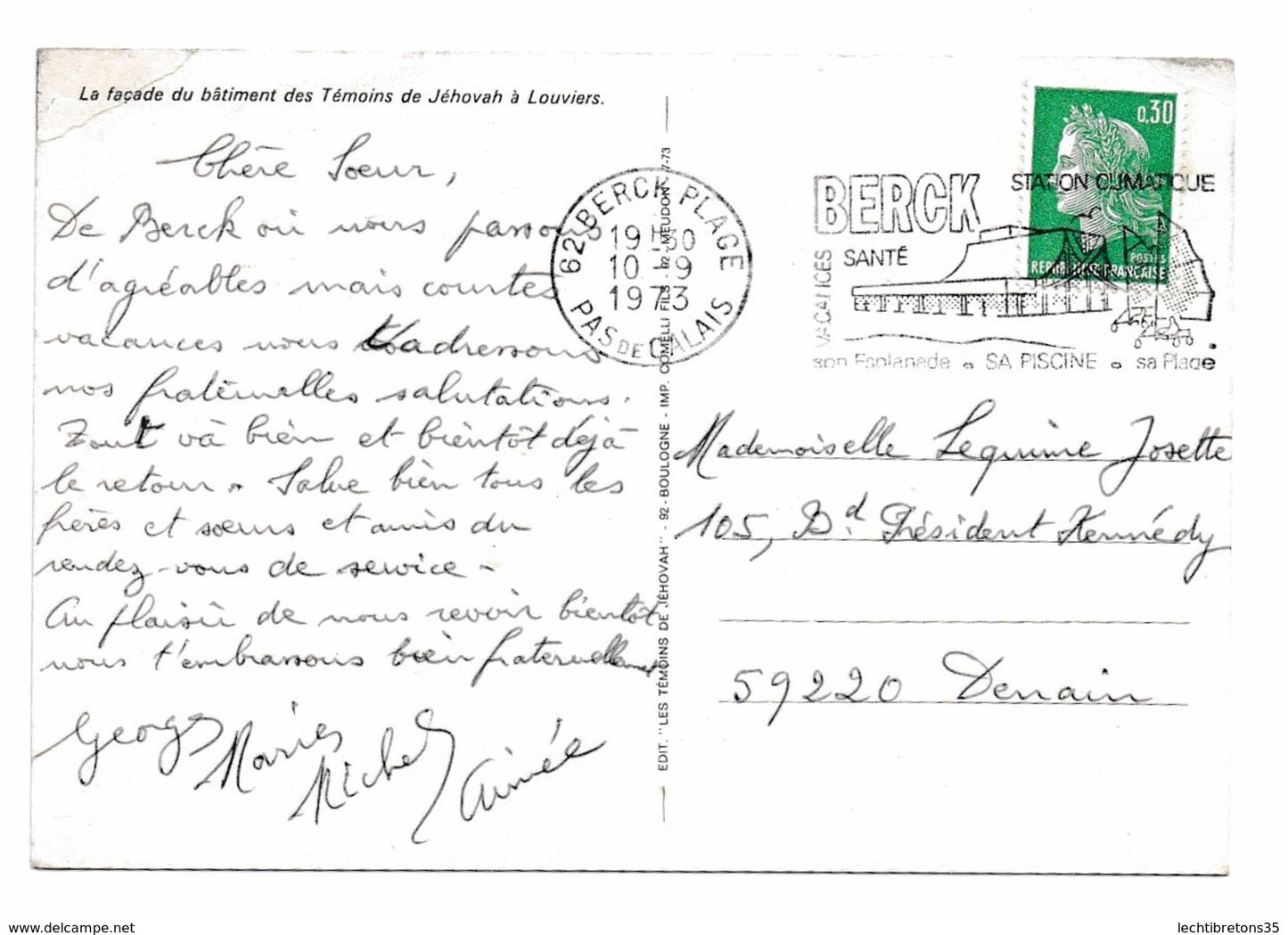Carte postale - Pour étude Jéhovah Léquime Louviers 27 Eure Normandie association des Témoins de Jéhovah