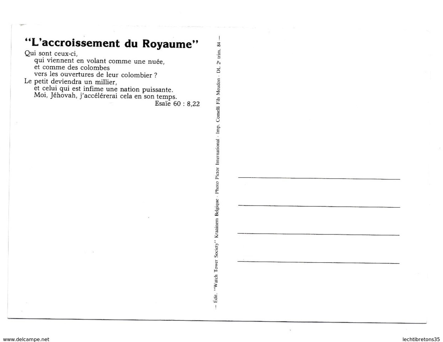 Carte postale - assemblee de district temoins de jehovah, l' accroissement du royaume 1984 colombe pigeon