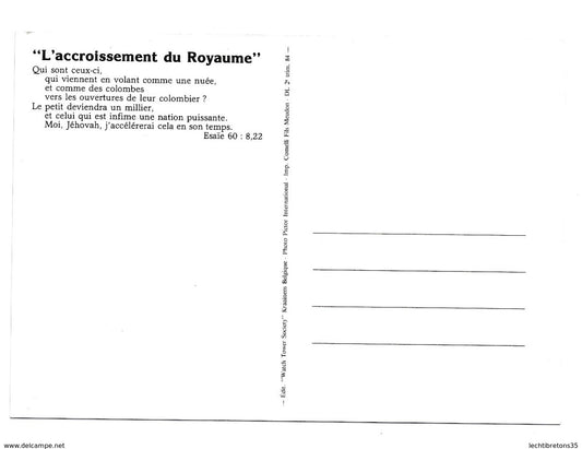 Carte postale - assemblee de district temoins de jehovah, l' accroissement du royaume 1984 colombe pigeon