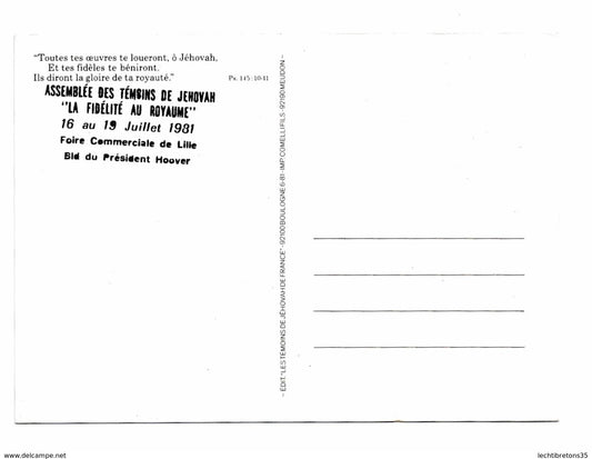 Carte postale - assemblee de district temoins de jehovah, la fidélité du royaume 1981