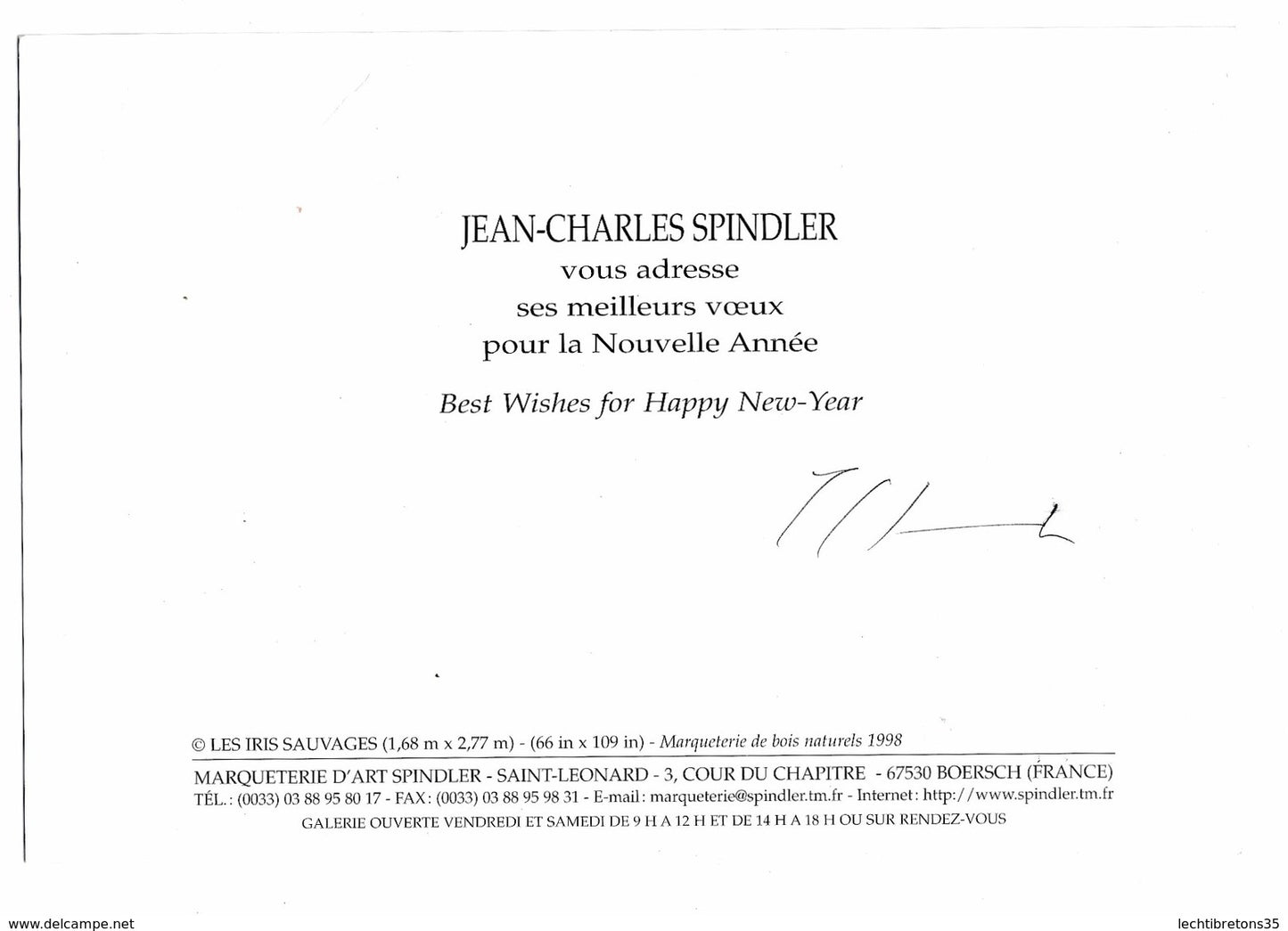 Carte postale - Rare dédicace JEAN CHARLES SPINDLER carte de voeux nouvel an 2002 esquisse marqueterie art bois naturels tableau oeuvre
