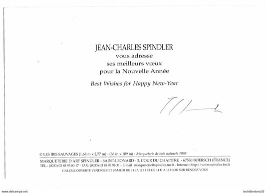 Carte postale - Rare dédicace JEAN CHARLES SPINDLER carte de voeux nouvel an 2002 esquisse marqueterie art bois naturels tableau oeuvre