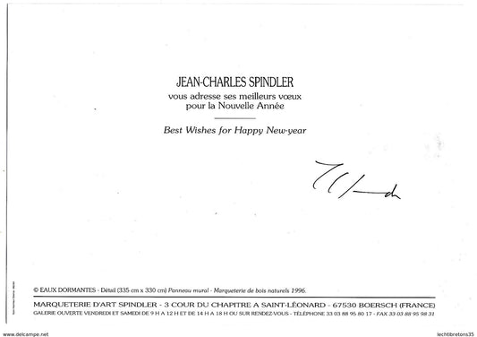 Carte postale - Rare dédicace JEAN CHARLES SPINDLER carte de voeux nouvel an 2002 esquisse marqueterie art bois naturels tableau oeuvre