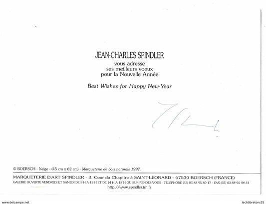 Carte postale - Rare dédicace JEAN CHARLES SPINDLER carte de voeux nouvel an 2002 esquisse marqueterie art bois naturels tableau oeuvre