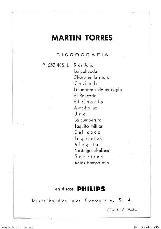 Carte postale - Rare carte postale promo Guitare MARTIN TORRES 632405 DISCOS PHILIPS OFFSET A L G MADRID