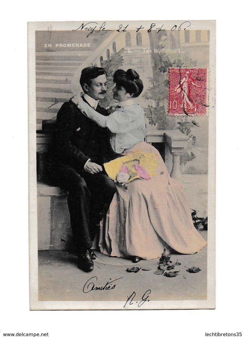 PHOTO 1906 TIMBRE MARIANNE SEMEUSE 10C AVANT GUERRE COUPLE DE JEUNE FILLE HOMME EN PROMENADE 3 TAIS TOI FLATTEUR