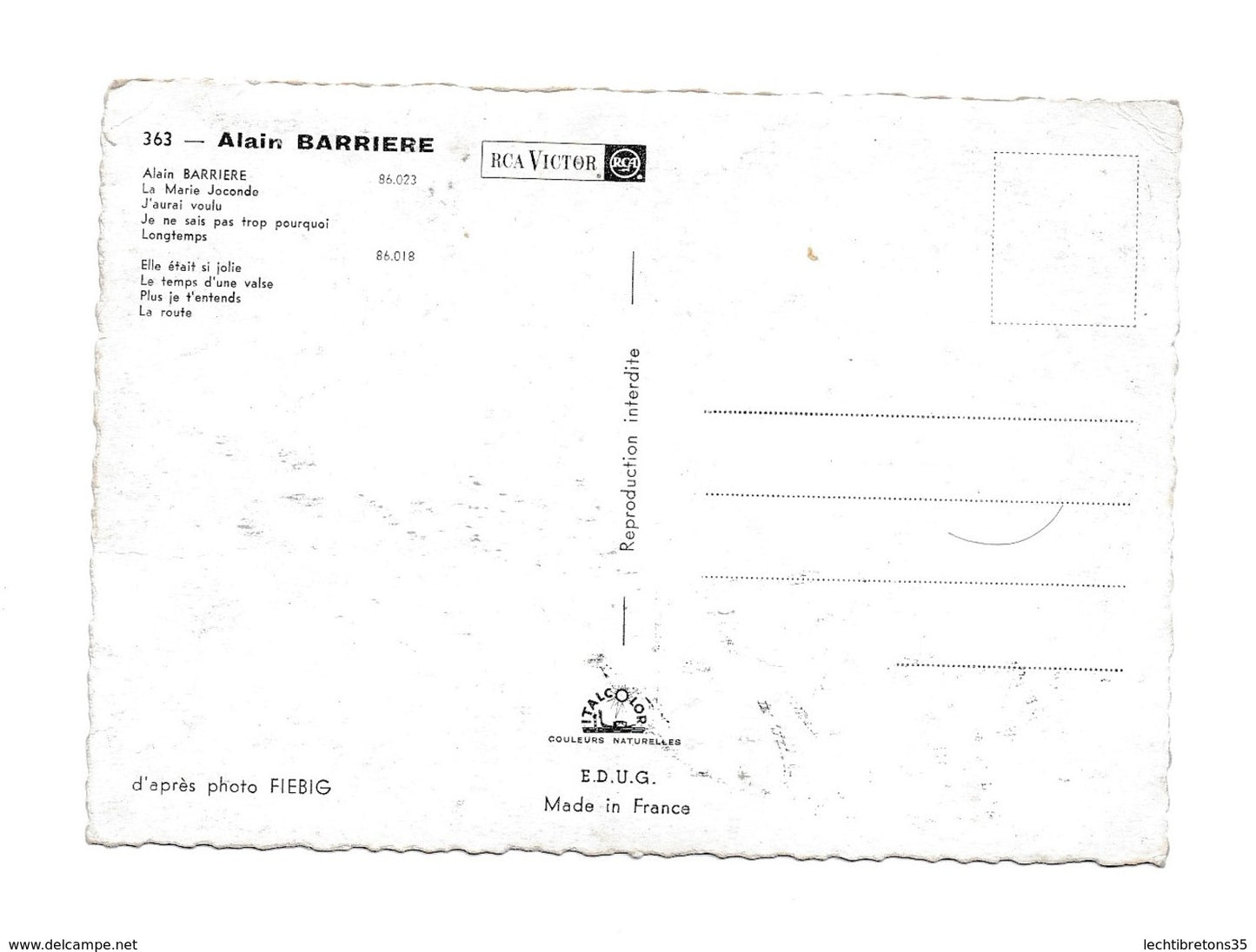 Carte postale - PHOTO AUTOGRAPHE DÉDICACE DISQUES RCA ALAIN BARRIERE 363