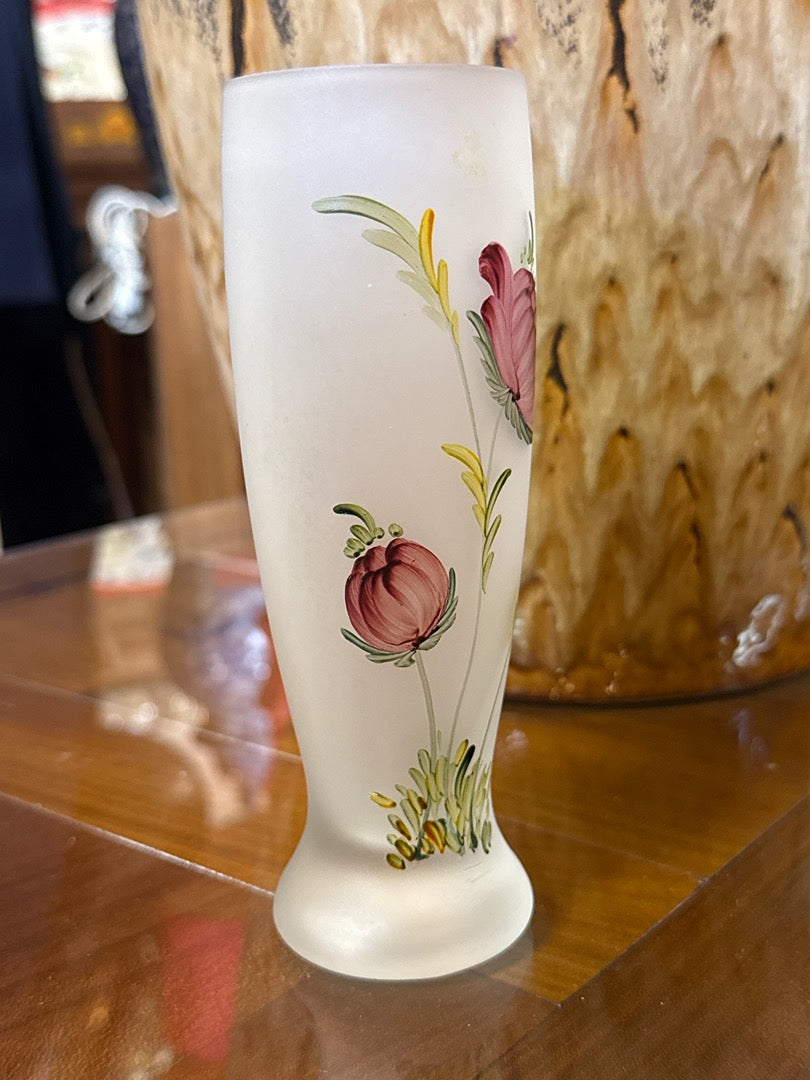 Vase soliflore verre dépoli – Vintage – Fleurs peintes