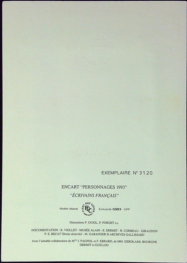 Écrivains Célèbres Enveloppe Dépliant Timbre 1er jour Encart Fdc Yvert et Tellier