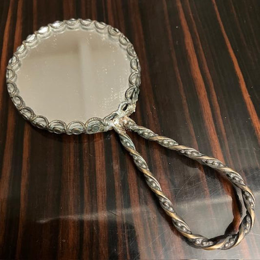 Miroir à main rond en métal, manche torsadé, 11,5 cm