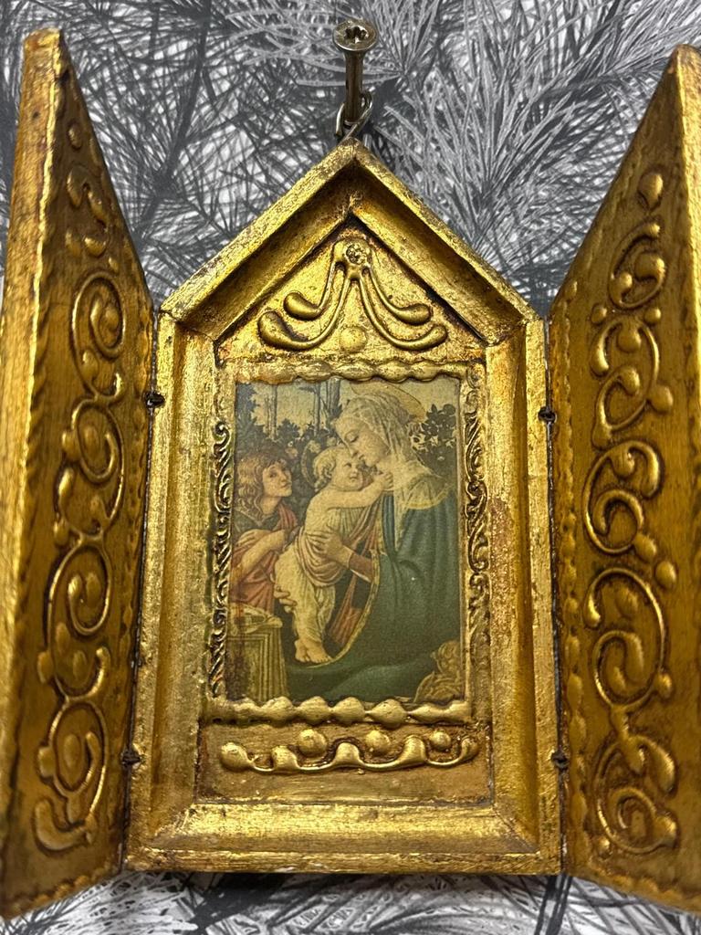 Reliquaire Panneau d'art triptyque de voyage en bois florentin scènes chrétiennes sanctuaire