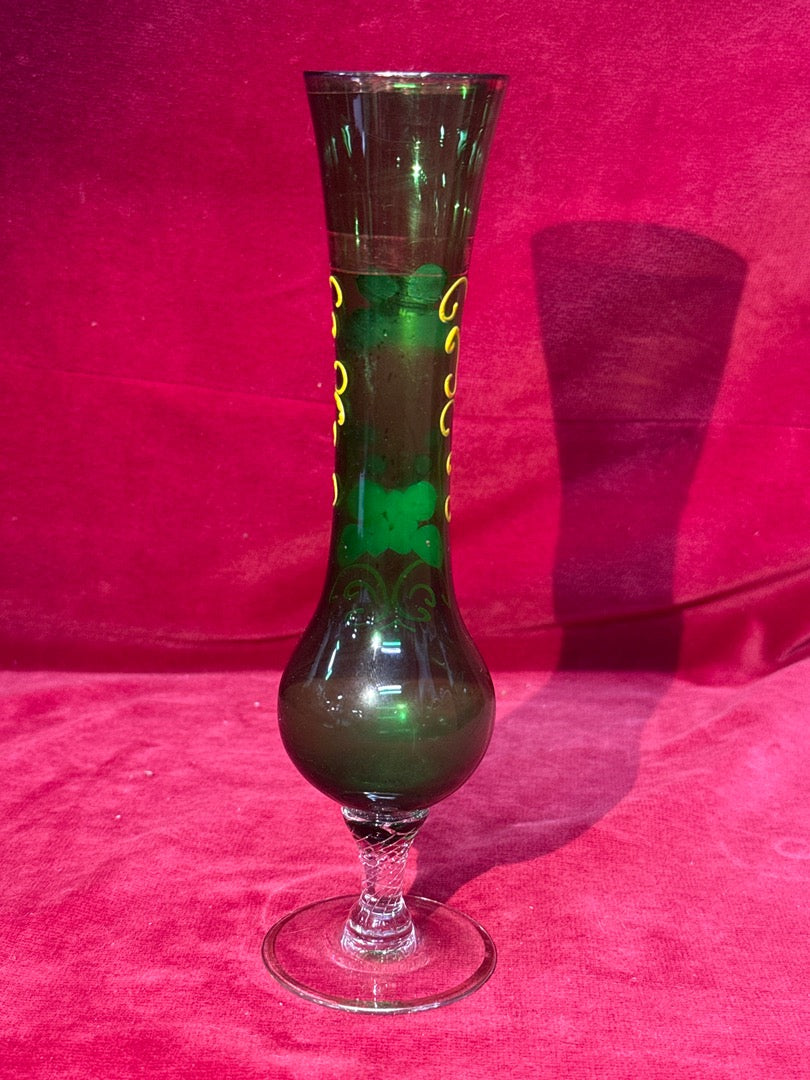Vase soliflore verre vert émaillé floral piétement balustre