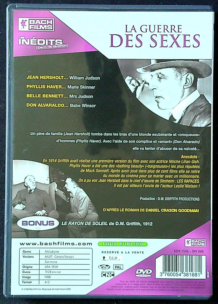Dvd La Guerre des Sexes – Bach Films – Cinéma – Film muet D.w. Griffith