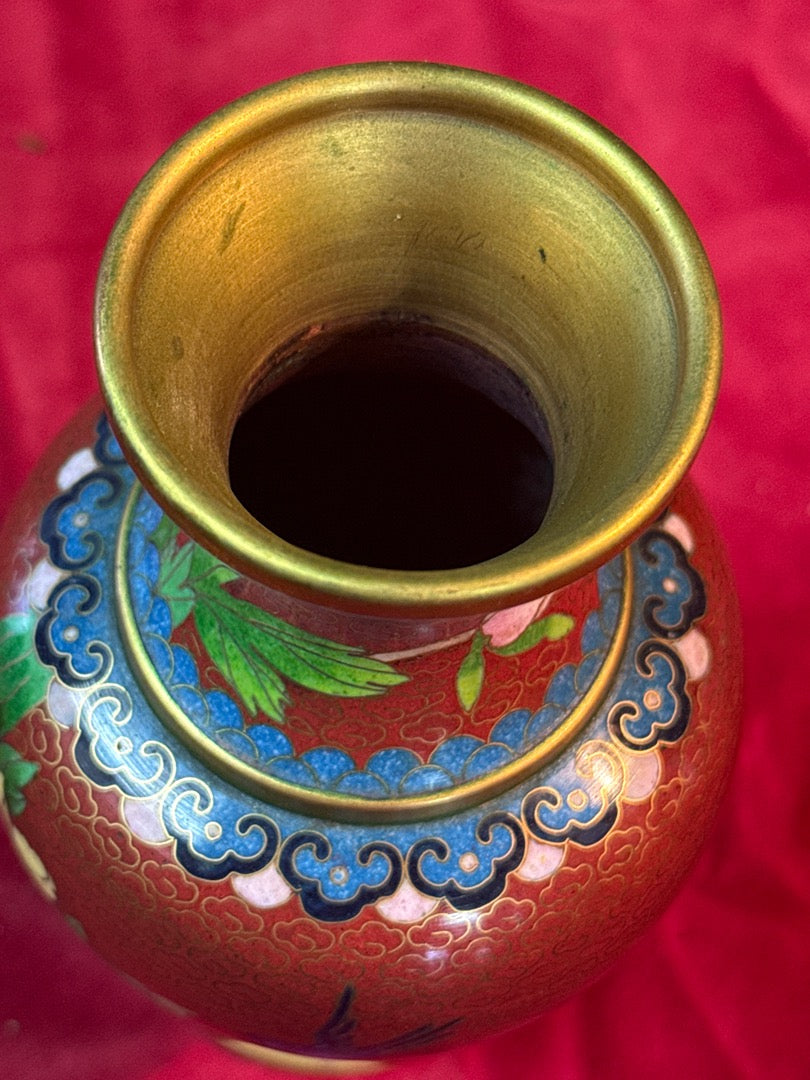 Vase Cloisonné – Chine – Ornement – Décor floral rouge