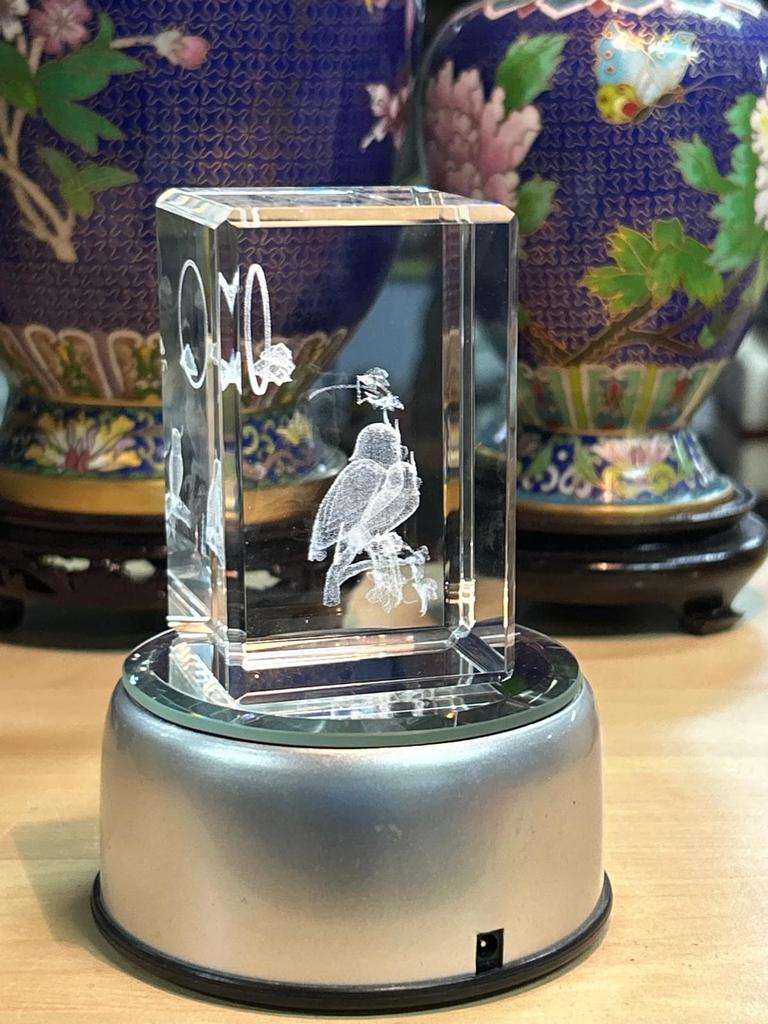 Bloc de verre lumineux représentant des hiboux