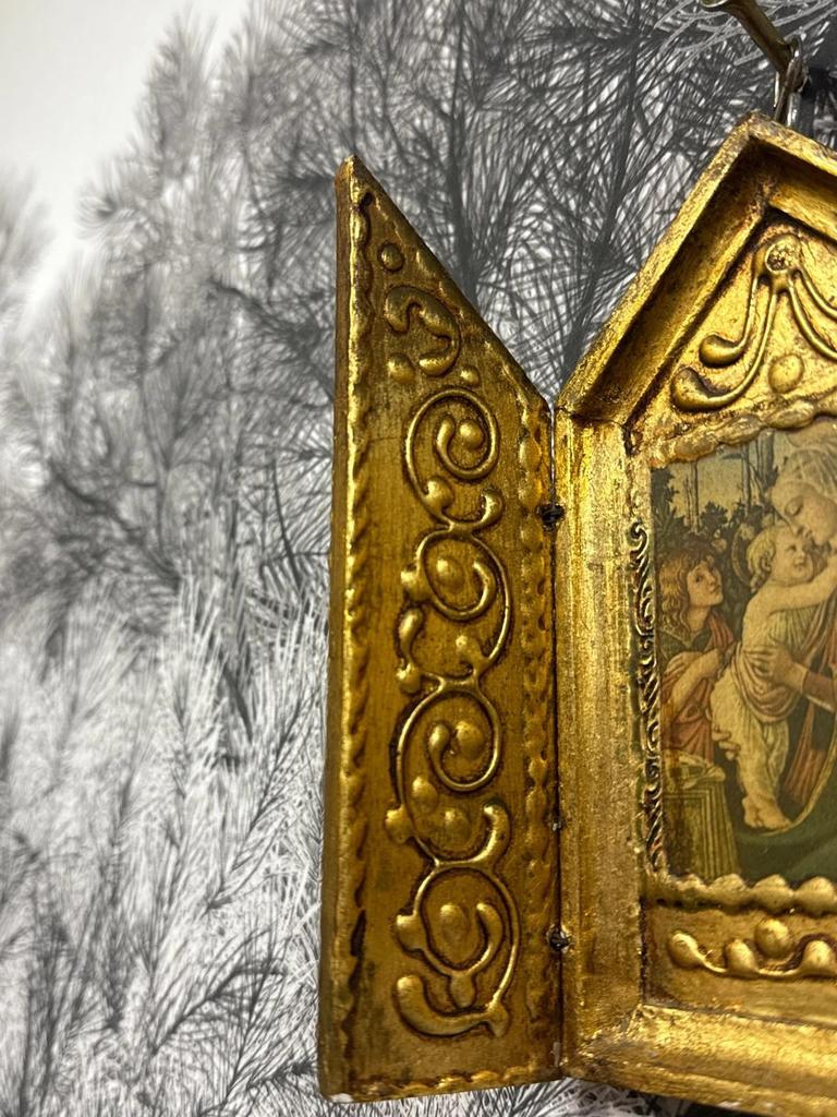 Reliquaire Panneau d'art triptyque de voyage en bois florentin scènes chrétiennes sanctuaire