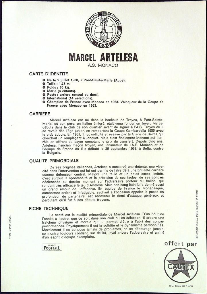 Carte Caltex Marcel Artelesa 1966 – Memorabilia – Football