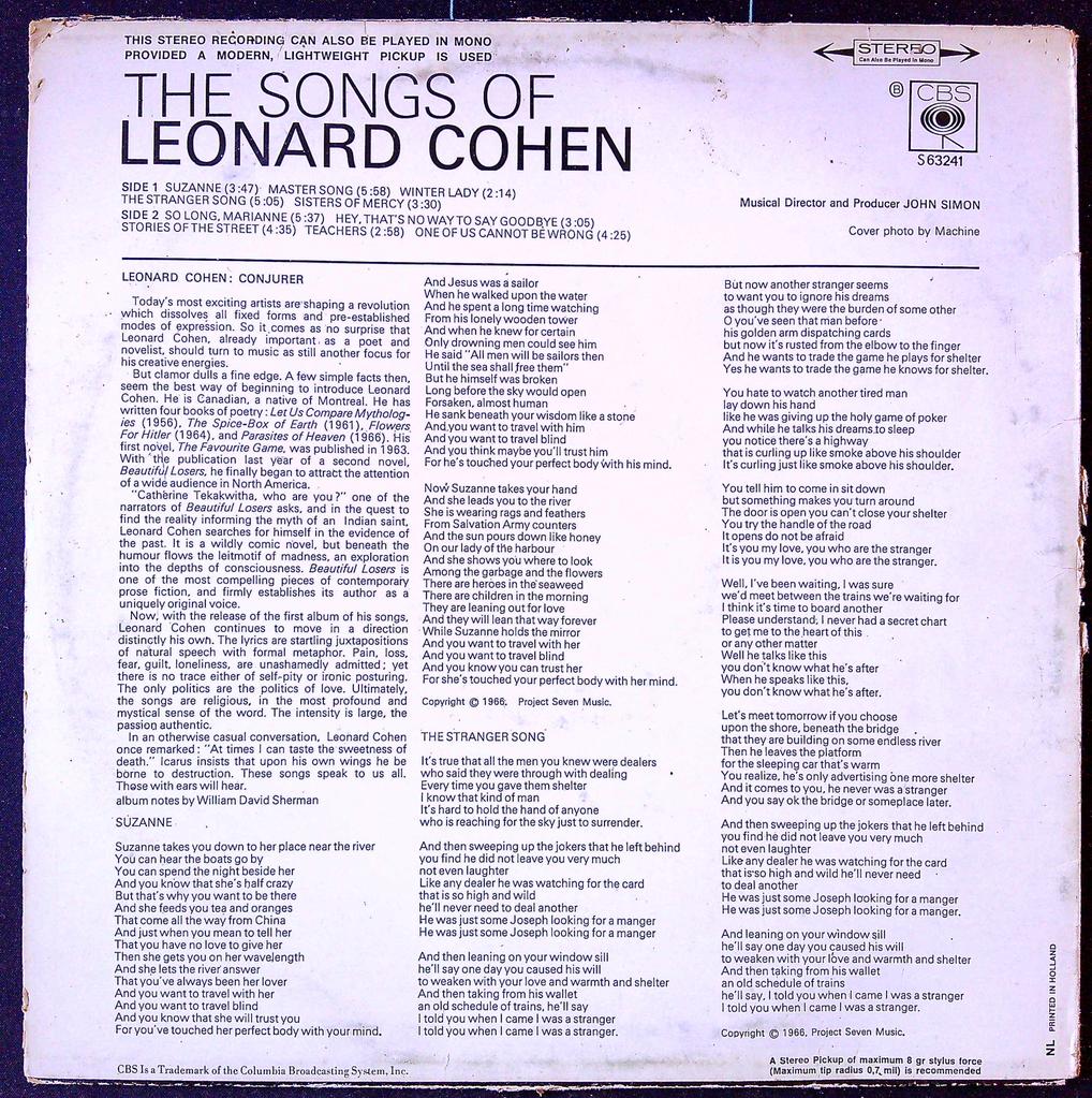 Disque vinyle Lp The Songs of Leonard Cohen Cbs