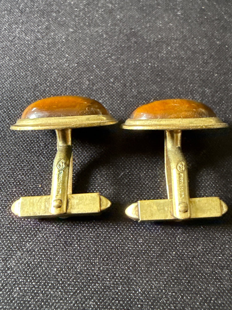Boutons de manchette – Vintage – Accessoires homme – Pierre œil de tigre plaqué Or
