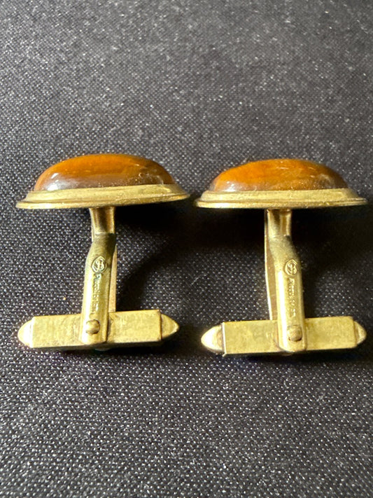 Boutons de manchette – Vintage – Accessoires homme – Pierre œil de tigre plaqué Or