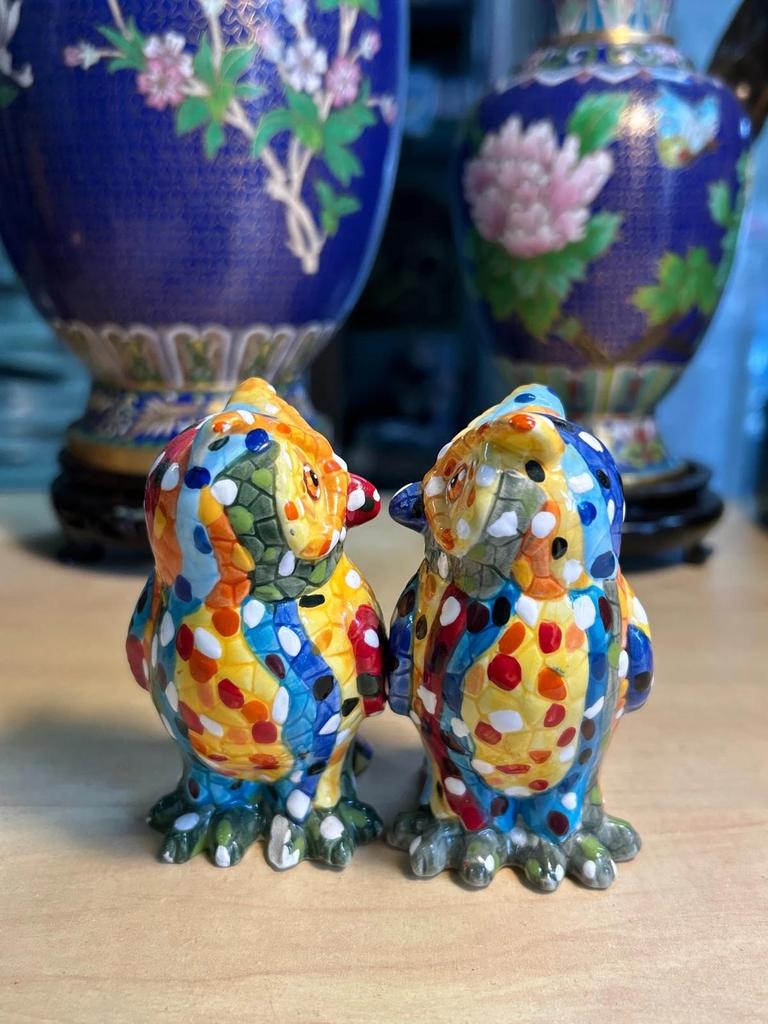 Statuettes sculpté couple Chouette / Hibou en céramique salière et poivrière