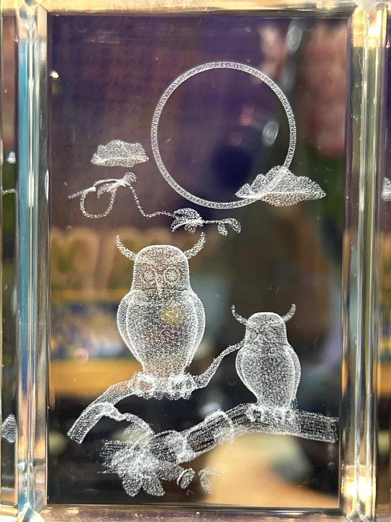 Bloc de verre lumineux représentant des hiboux