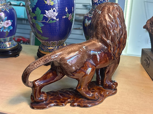 Statue lion en céramique – Vintage – Décoration – Marron émaillé