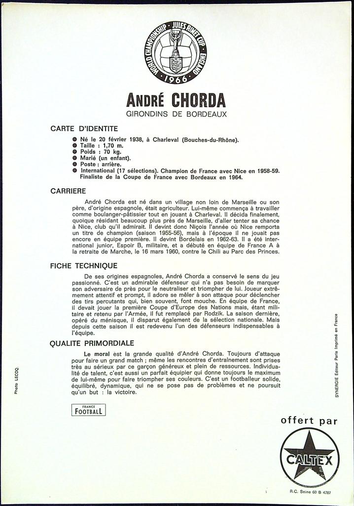 Fiche collector – Caltex André Chorda 1966 – Souvenirs de sport – Football Girondins de Bordeaux