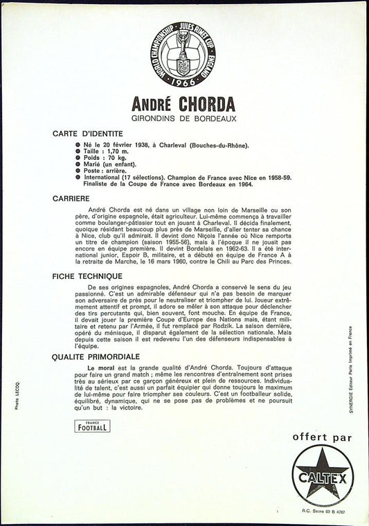 Fiche collector – Caltex André Chorda 1966 – Souvenirs de sport – Football Girondins de Bordeaux
