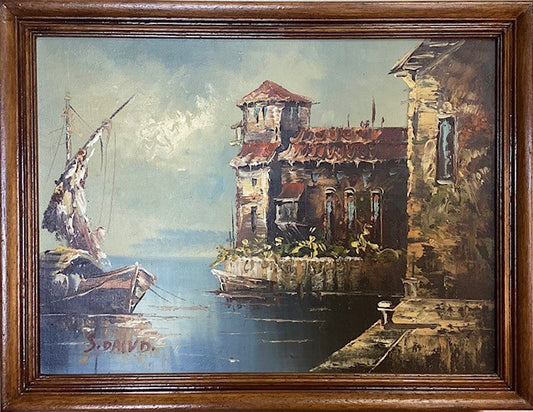 Tableau Huile Sur Toile Paysage de Bord de Mer et Maison.