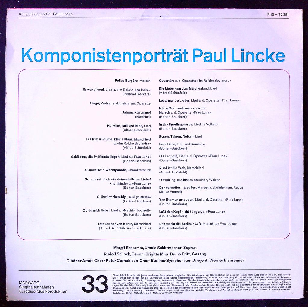 Vinyle komponistenporträt Paul Lincke Marcato Rose