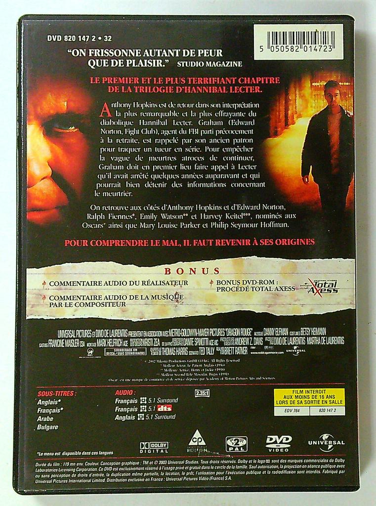 Dvd Dragon Rouge avec Anthony Hopkins