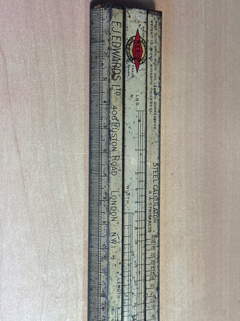 Règle à calcul – F.j. Edwards Besco – Outil de mesure – Métal vintage