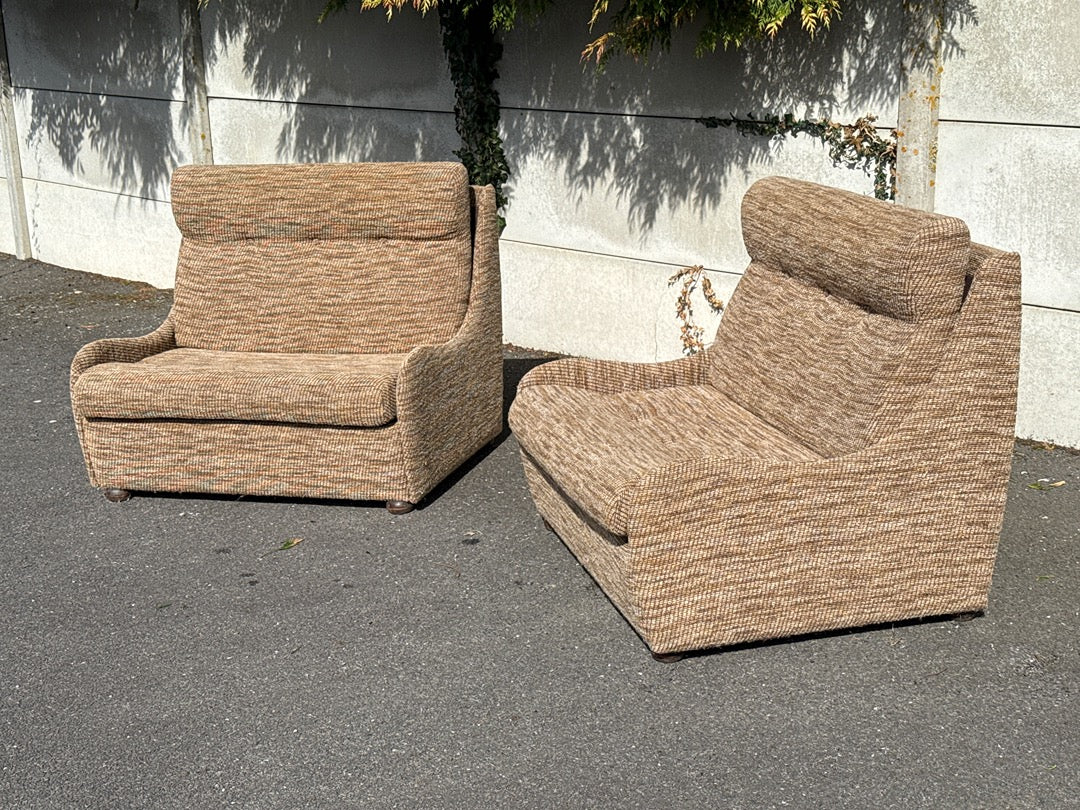 Fauteuils convertibles vintage – Tissu beige et marron