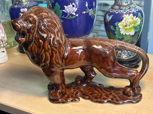 Statue lion en céramique – Vintage – Décoration – Marron émaillé