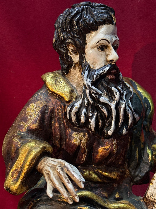 Statue Saint Matthieu l'évangéliste ancienne sculptée en bois oreillard