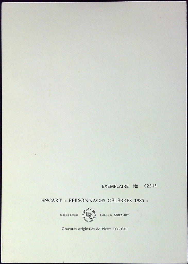 Personnages Célèbres 1985 Enveloppe Dépliant Timbre 1er jour Encart Fdc Yvert et Tellier