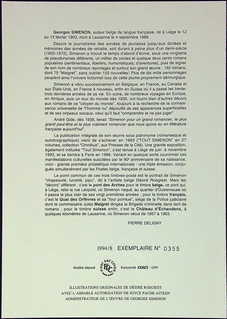 Georges Simenon Enveloppe Dépliant Timbre 1er jour Encart Fdc Yvert et Tellier